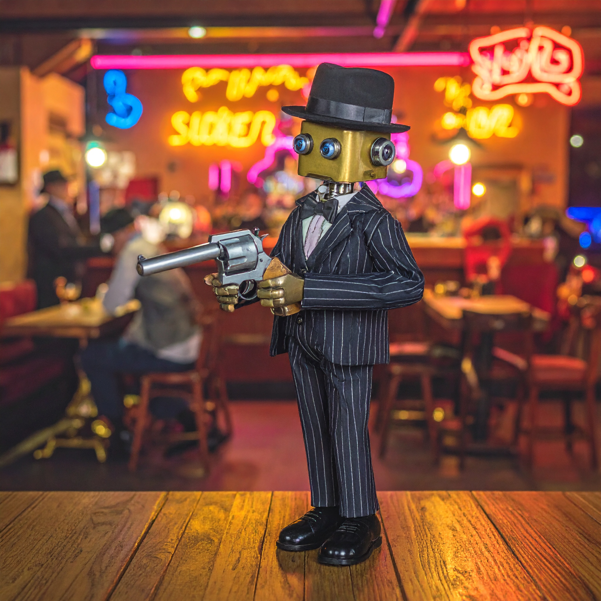 Robot gangster figure in a noir setting